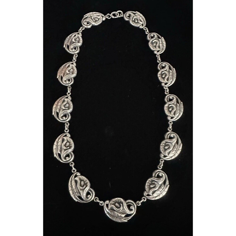 Vintage Danecraft Sterling Silver Floral Botanical Scroll Necklace 15 1/2"